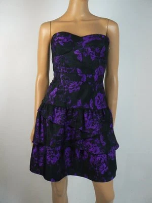 $168 Vestido Ali Ro Negro Púrpura Floral Satén en Niveles Novia 6 NUEVO A866 Foto 1 de 4