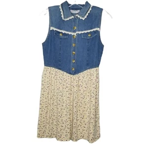 L.A. Touch Girls 14 Vintage Denim Yellow Floral Collared Sleeveless Dress - Picture 1 of 8