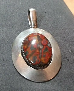 Vtg Large Navajo Sterling Silver Orbicular Jasper Pendant Signed Broken Arrow - Picture 1 of 12