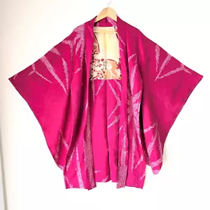 Japanese Vintage Haori Kimono Jacket Silk Chirimen Magenta pink Kanoko Shibori - Picture 1 of 18