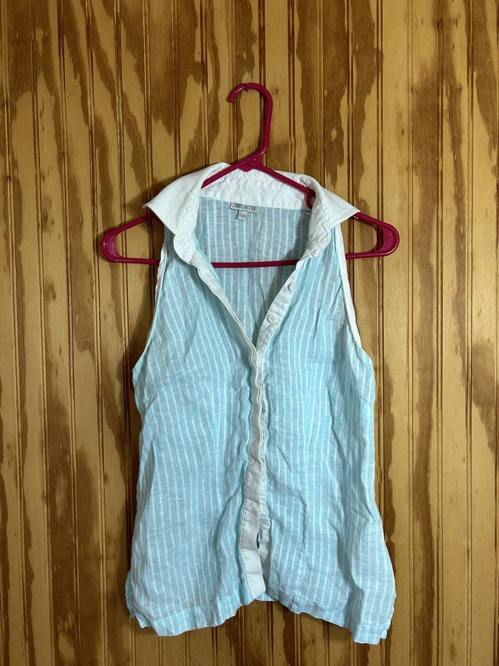 Blusa Worth feminina listrada azul e branca de linho com colarinho botão para baixo tamanho 4 - Imagem 1 de 4