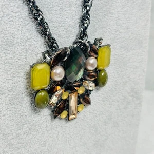 Chicos Statement Necklace Green Yellow Crystal Pendant Gray 42" Jewelry - Picture 1 of 8