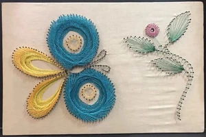 Vintage Sting & Nail Art Large Butterfly & Flower Retro Wall Hanging Colorful - Picture 1 of 5