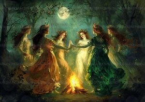 Witch Art Print, Moonlit Forest Coven Dancing, Pagan Ritual Fantasy Artwork Q76 - Picture 1 of 1