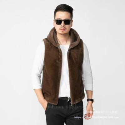 Winter Hooded Real Mink Fur Velvet Mens Sleeveless Short Coat Waistcoat Zip Vest - Image 1 of 4