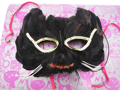 Cat Halloween Mardi Gras Black Feather Gold Sequin Masquerade Costume Mask  - Image 1 of 4