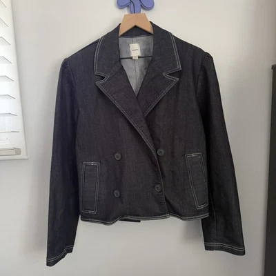 Blazer Denim Anthropologie Maeve XL Cuadrado Enjuagado Lavado Oscuro Otoño Oficina Carrera Foto 1 de 4
