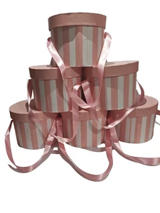 Round Gift Box with Lid & Ribbon, Pink White Stripes, Cardboard Paperboard - Picture 1 of 10