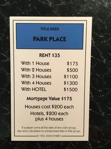 Monopoly  2008  PARK PLACE  Title Deed Card  Replacement Game Piece - Picture 1 of 3