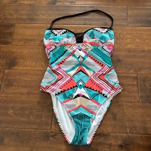 Bar III Halter Neck Graphic Print Aztec One Piece Swimsuit Multicolor Women's S - Picture 1 of 5