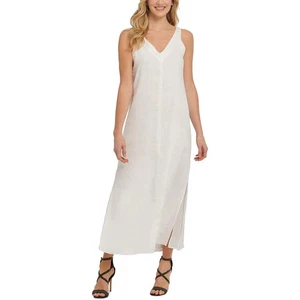 DKNY Maxikleid reines 100% Leinenmischung ärmellos V-Ausschnitt Schlitze gefüttert XS weiß - Bild 1 von 19