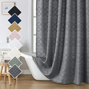 Grey Fabric Shower Curtain 72x72 Inches, Clip Jacquard Farmhouse Plaid Stripe... - Picture 1 of 7