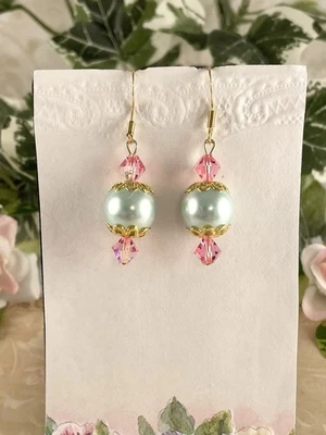 Light Green Pearl & Pink Crystal Dangle Earrings Women Handmade Artisan Jewelry - Image 1 of 4