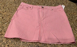 GAP Jean Mini Denim Skirt Pink White Striped NWT Size 14 Retro Stretch Raw Hem - Picture 1 of 9