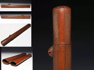 Pipecase Sagemono Meiji Japonés Antiguo Madera Tallada Patrón Geométrico Marrón - Imagen 1 de 7