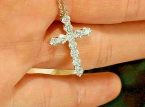 3Ct Round Cut Created Diamond Cross Pendant 18"Free Chain 14K White Gold Over - Picture 1 of 4
