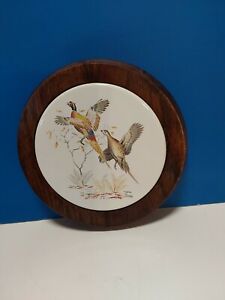 Vintage 1960s Round Wood And Ceramic Tile Trivet With Pheasants In Flight