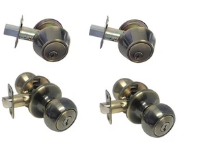 2 Entry Door Lock Sets Knobs Antique Brass Keyed Alike Entrance Single Deadbolt - Picture 1 of 5