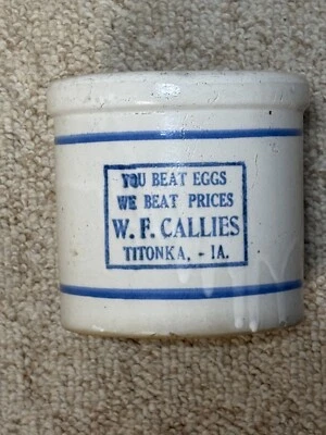 Titonka, Iowa Red Wing Stoneware W.F. Callies Advertising Eggs Prices Beater Jar - Image 1 of 4