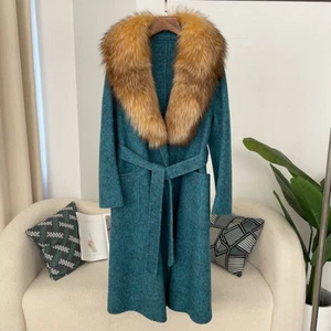 Oversized Real Fox Fur Collar Double-sided Wool Coat Temperament Long Wool Women - Picture 1 of 50