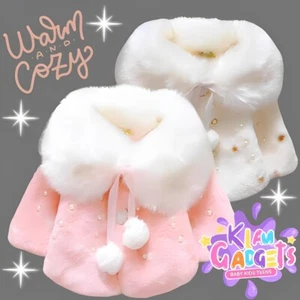 BABY GIRLS FAUX FUR PEARL CLOAK THICK WARM COAT PLUSH JACKET KIDS GIRL CLOTHES - Picture 1 of 16