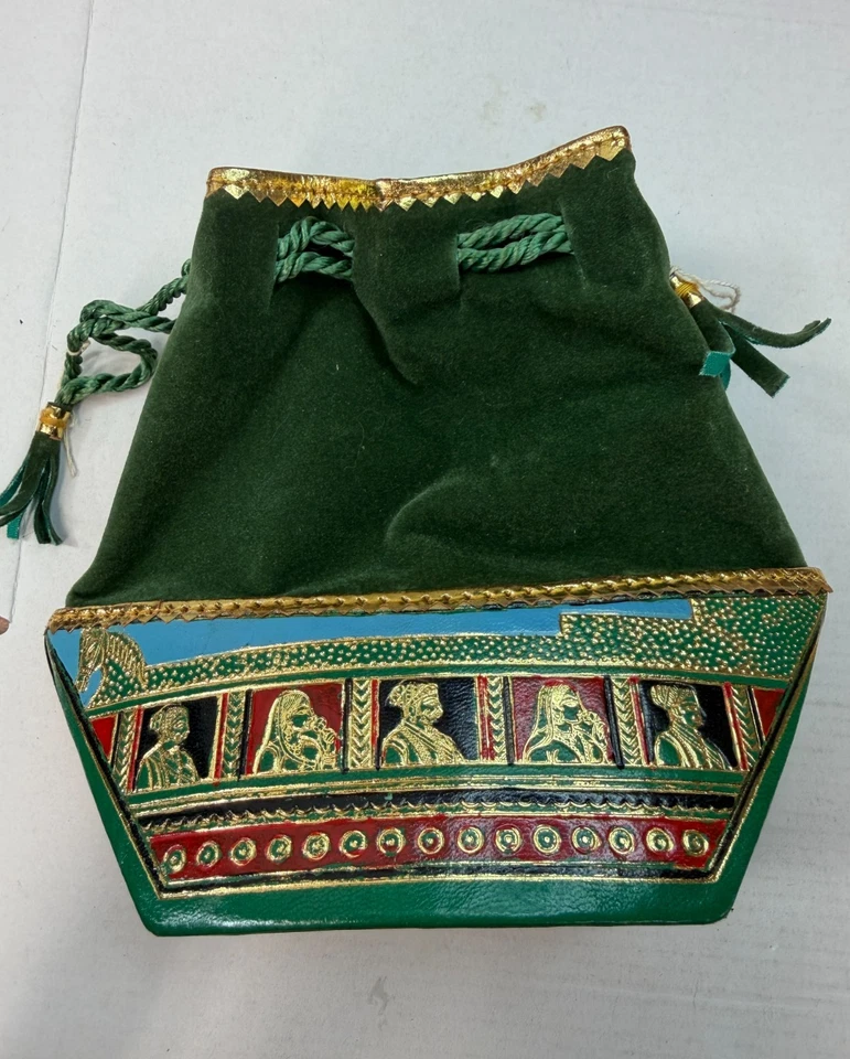 Vintage Bag Purse Moroccan Revival Triangle Green Drawstring Small Size - Image 1 of 4