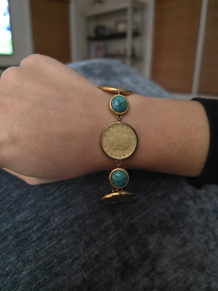 Pulsera BELLEZA LIRA Moneda Turquesa Bronce 7 Estaciones ~ M/L Foto 1 de 4