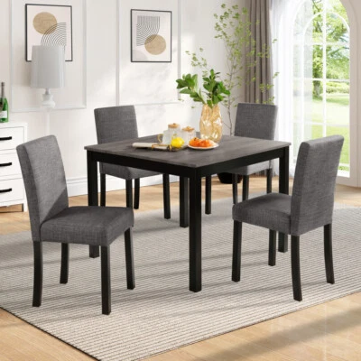 Wooden Dining Table Set with 4 Chairs for Kitchen, Light Grey & Black Two Tone - Image 1 of 4