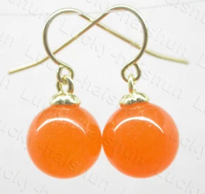 natural Dangle 10mm round apricot yellow jade earring 14K solid gold hook c1596 - Picture 1 of 4