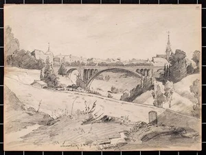 Martin Wilberg puente Adolphe Luxemburgo vista firmada lápiz 1903 - Imagen 1 de 2