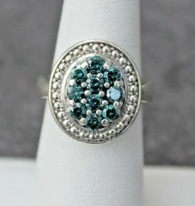 Ladies Sterling Silver 925 Oval Blue Diamond Cluster Ring Size 6 NOS - Picture 1 of 4