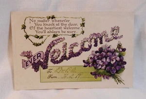 Cartolina antica Ever Welcome in rilievo fiori viola. - Foto 1 di 2