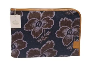 Vivienne Westwood Clutch Bag Dancing Flower Navy Linen Leather Document Case - Picture 1 of 6