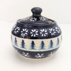 Boleslawiec Polish Pottery Sugar Bowl With Lid Blue Trees Snowflakes Design