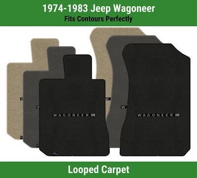Alfombrillas delanteras Lloyd Loop para Wagoneer 74-83 con Wagoneer plateado sobre negro con bandera Foto 1 de 4