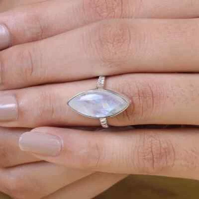 Arcobaleno Pietra Di Luna Gemma 925 Sterling Argento Artigianale Anello - Immagine 1 di 4