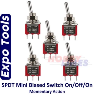 SWITCH SPDT Biased 3 position Momentary Action ON-OFF-ON Mini 5pk EXPO A28015 - Picture 1 of 3
