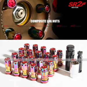 M12 X 1.25 mm Neo Chrome Red Composite Close End Acorn Wheel Lug Nuts 20pc - Picture 1 of 2