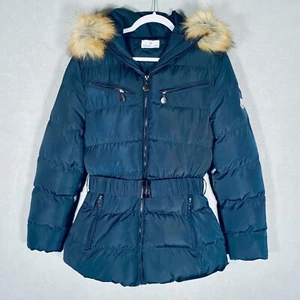 Moncler Puffer Jacket Womens M Blue Fur Collar Coat Belted Long Hood - Picture 1 of 16