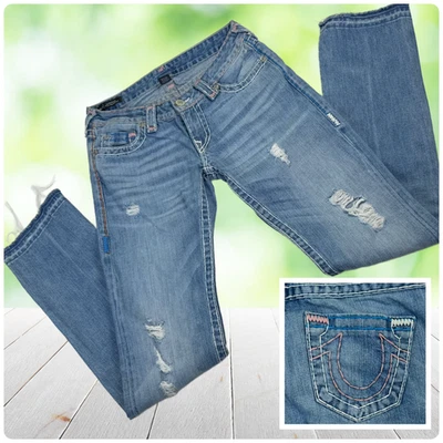 Vintage Y2K TRUE RELIGION Billie Jeans Womens 27 Distressed Raw Hem Low Rise USA - Image 1 of 4