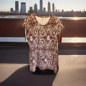 Coral Bay Dress XL Brown White Cotton Cap Sleeves Island Bohemian Beach Tropical - Picture 1 of 6