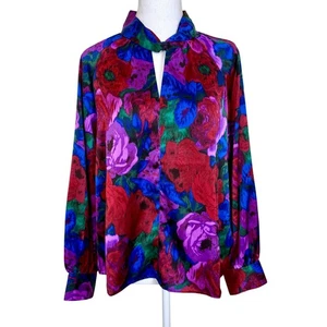 Talbots Twist Neck Satin Charmeuse Top Wrapped Jewel Tone Floral Large Petite  - Picture 1 of 9