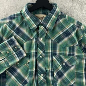 Camisa a Presión Wrangler Para Hombres Talla XL Verde Azul Cuadros Perla Occidental Manga Larga a Presión - Imagen 1 de 4