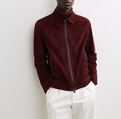 Burgundy  Café Racer Leather Jacket for Men Pure Suede Size XS S M L XL CM - Image 1 of 4