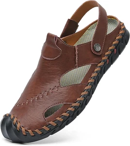 Men'S Casual Closed Toe Adjustable Leather Sandals Handmade Fisherman Beach Sand - Picture 1 of 12