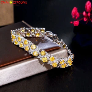 Silver Plated Yellow Cubic Zirconia CZ Stone Women 2 Line Flower Tennis Bracelet - Bild 1 von 18