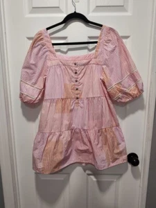 Maeve By Anthropologie Size Small Pink Orange Tunic Top PuffSleeve Tiered Cotton - Picture 1 of 9