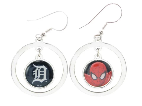 Detroit Tigers Spiderman Two Sided Silver Hook Hoop Earrings Jewelry Marvel MLB Cover