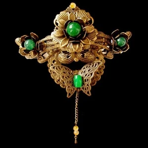 Exquisite Carved Brass Hollow Lacy Flower & Butterfly Hair Clip with Green Agata - Picture 1 of 1