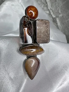 Amy Kahn Russell AKR Multistone Sterlingsilber Brosche Anhänger Bernstein Gips SIEHE - Bild 1 von 12